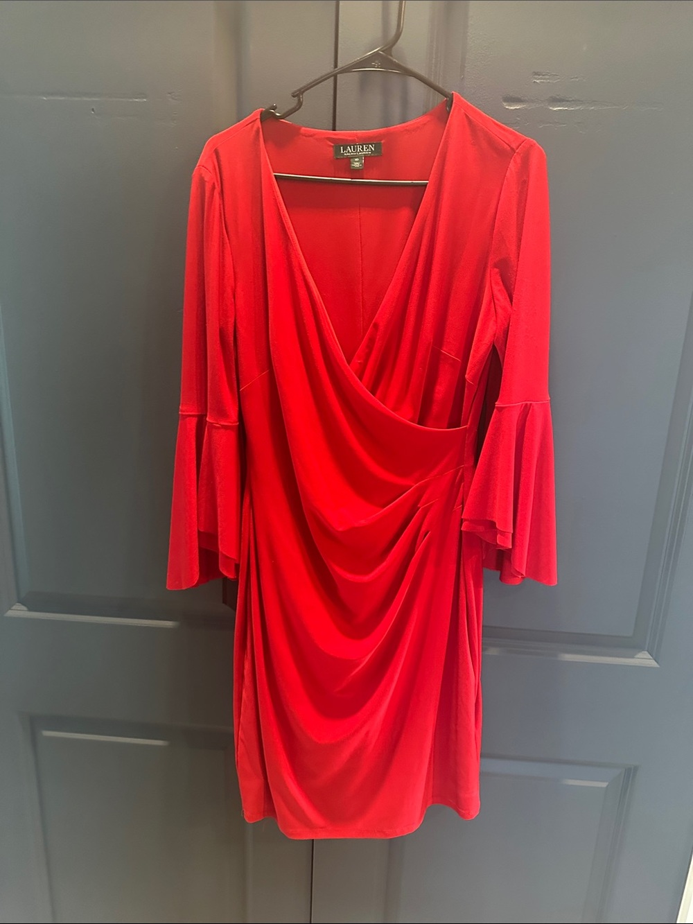 Lauren Ralph Lauren Red Draped V-Neck Dress with Bell Sleeves